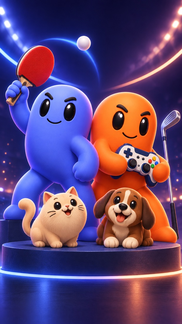 Eine blaue und eine orange Matches-Persona mit Tischtennisschläger, Controller und ihren tierischen Begleitern in einer leuchtenden Arena.